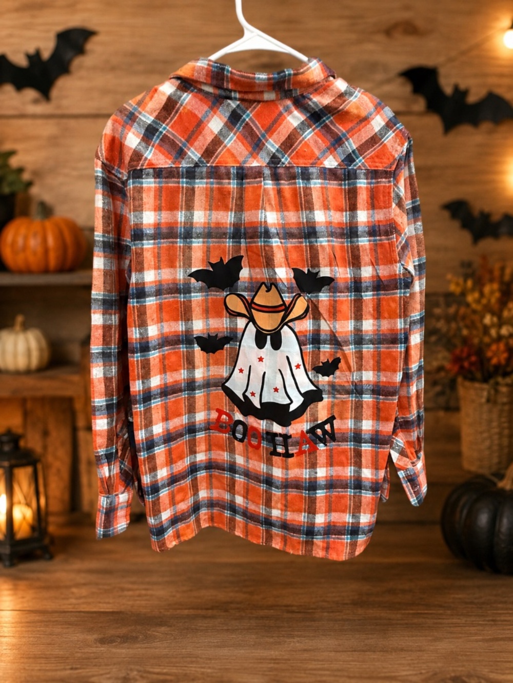 Bogari Collection Boo Haw Cowboy Ghost Orange Plaid Flannel Shirt